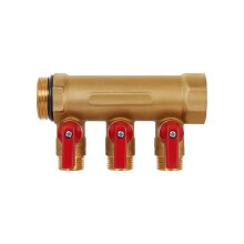 Hoobs Коллектор латунный с шаровыми кранами 1"x3x1/2"EK, красные ручки